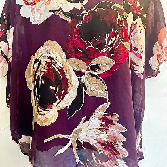 3 for $15 Roz & Ali Plus Size 1X Plum Floral Boho Asymetrical 2 layer Blouse - Picture 3 of 8